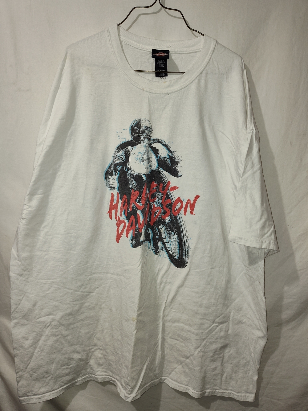 Harley-Davidson White Tee with Red Script & Blue Motorcycle Graphic